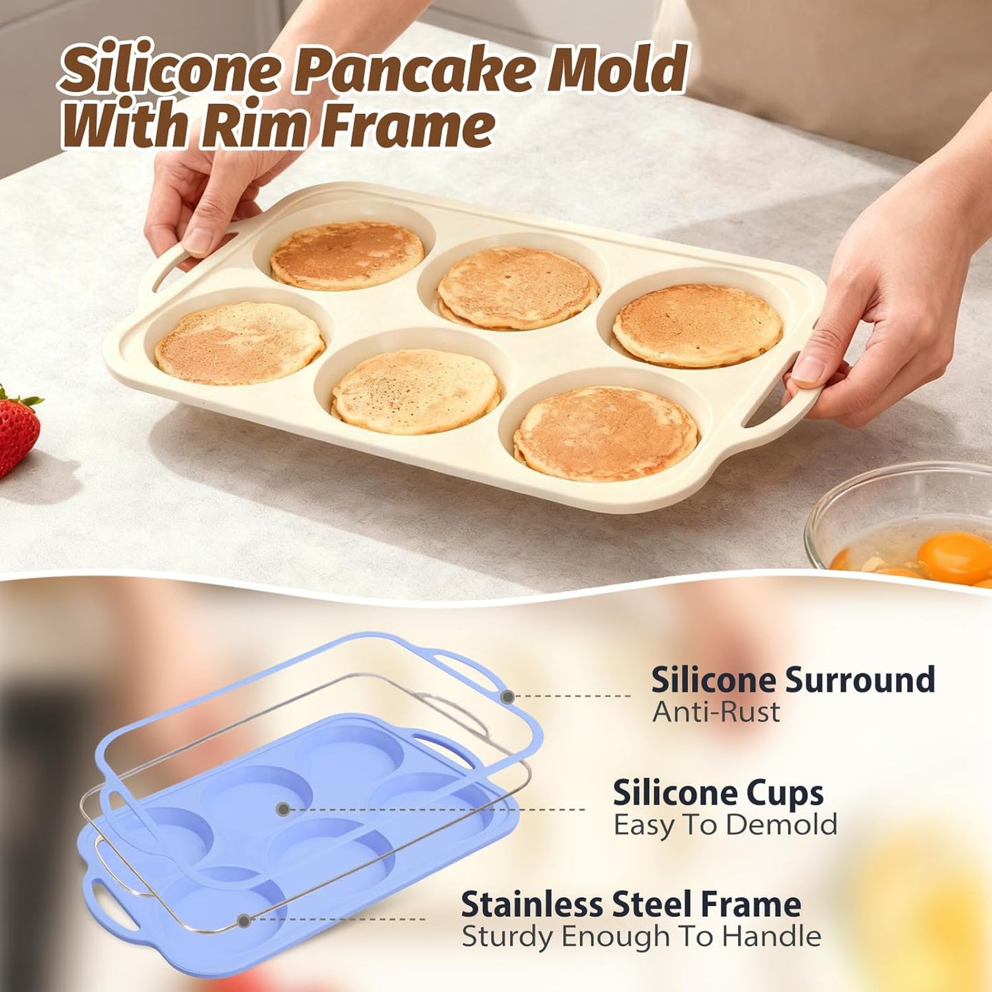 Silicone Egg Pan Oven: 2 Packs 4 Inch Silicone Pancake Pan 6 Cup with Handles - Nonstick Egg Griddle Mold for Baking Eggwich Breakfast Sandwiches Burgers - for Family Office-worker Homemade