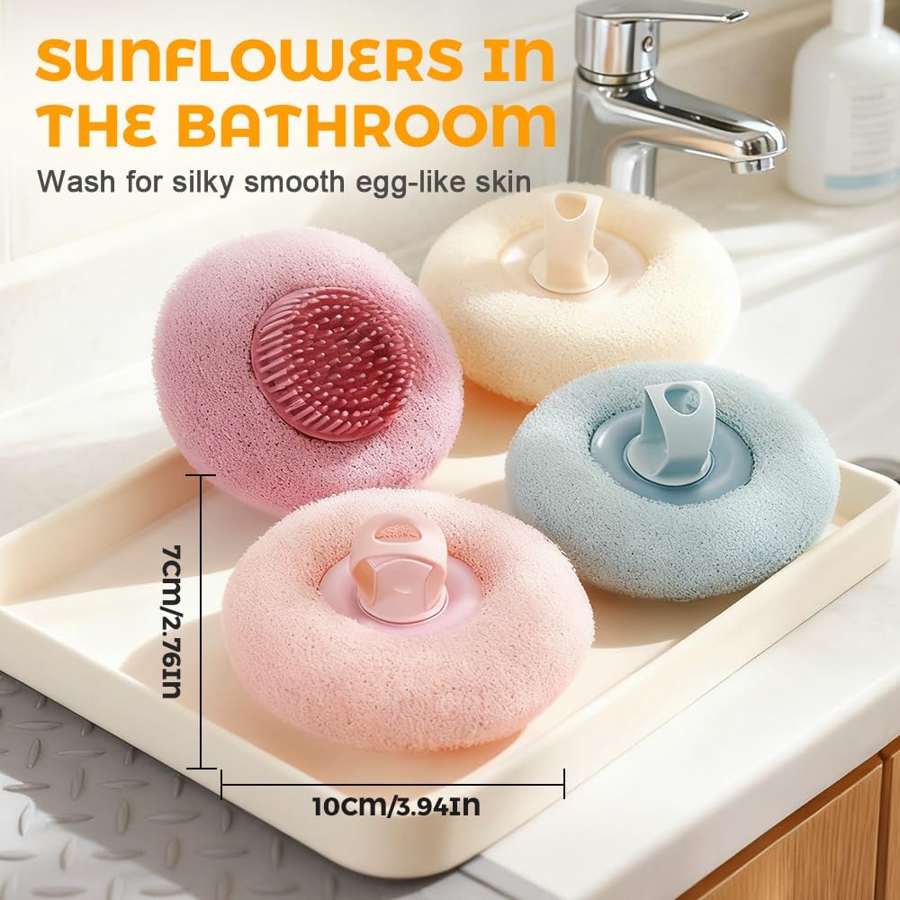Super Soft Sunflower Suction Cup Bath Ball, 2026 New Exfoliating Bath Bath Sponge Cleaning Brush with Finger Rings for Women and Men (Set, 4 pcs)