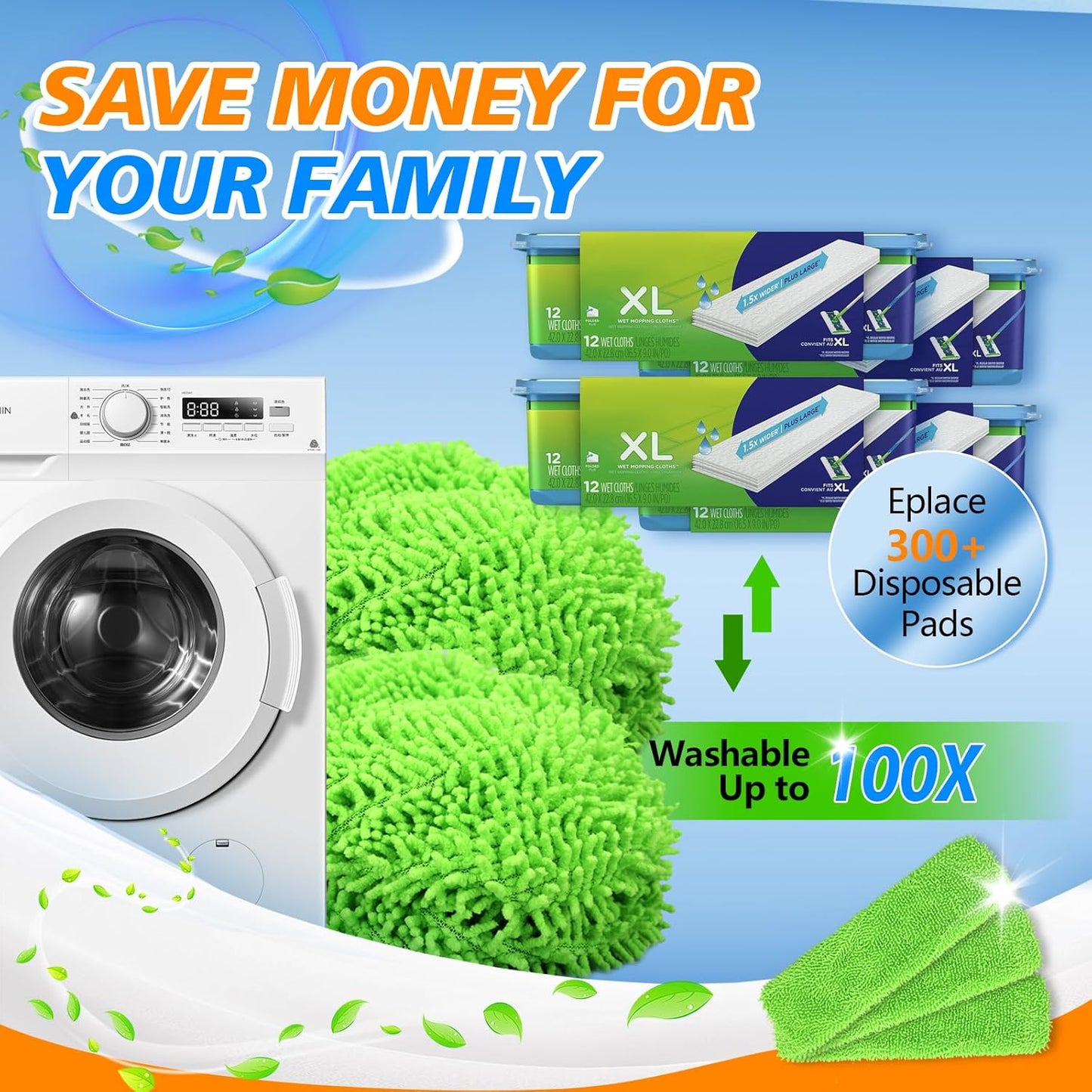 50 Count Disposable XL Dry Sweeping Cloths + 6 Pack Reusable Microfiber Mop Pads for Swiffer Sweeper XL Mop (Mop is not Included)