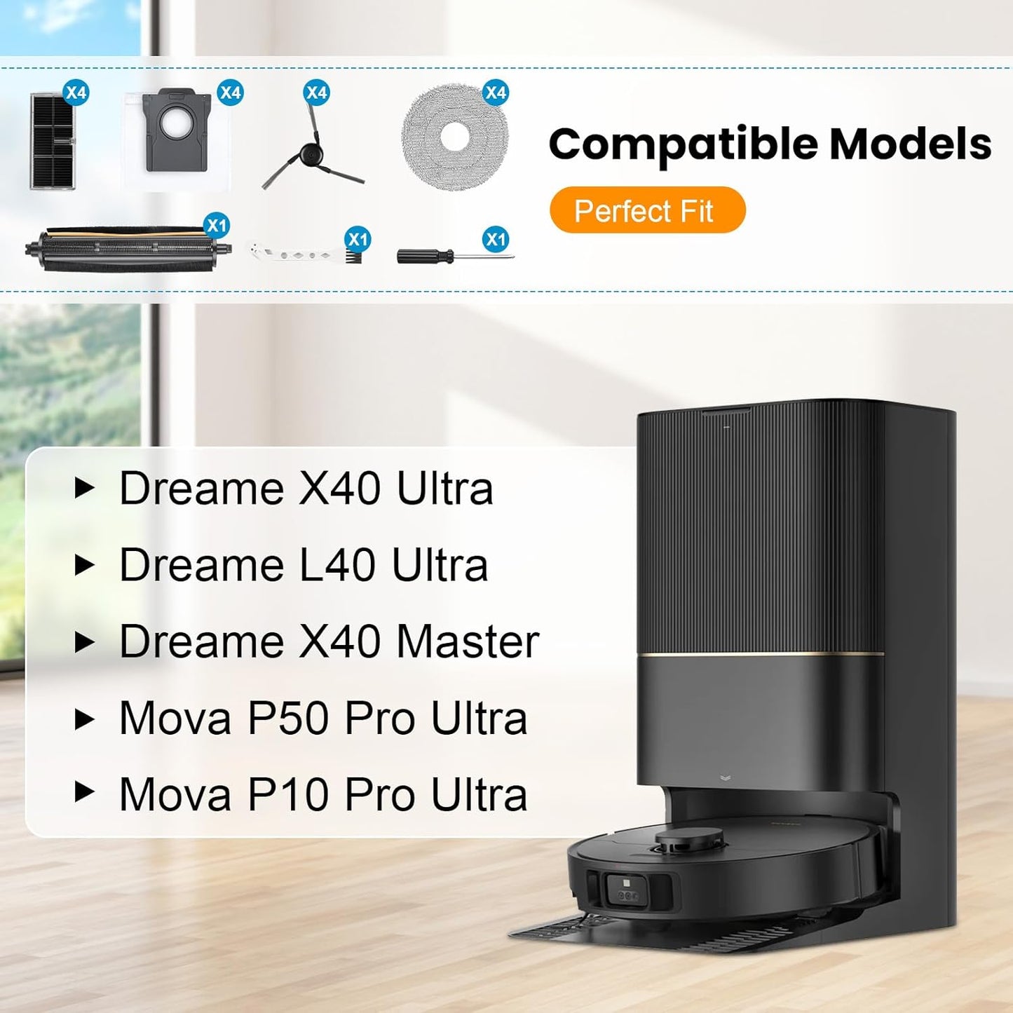 19 Pcs TriCut Brush Accessories Kit for Dreame X40 Ultra/X40 Master/L40 Ultra/Mova P10 Pro Ultra/Mova P50 Pro Ultra, include 1 Brush, 4 Dust Bags, 4 Filters, 4 Mop Pads, 4 Side Brushes, 2 Tools