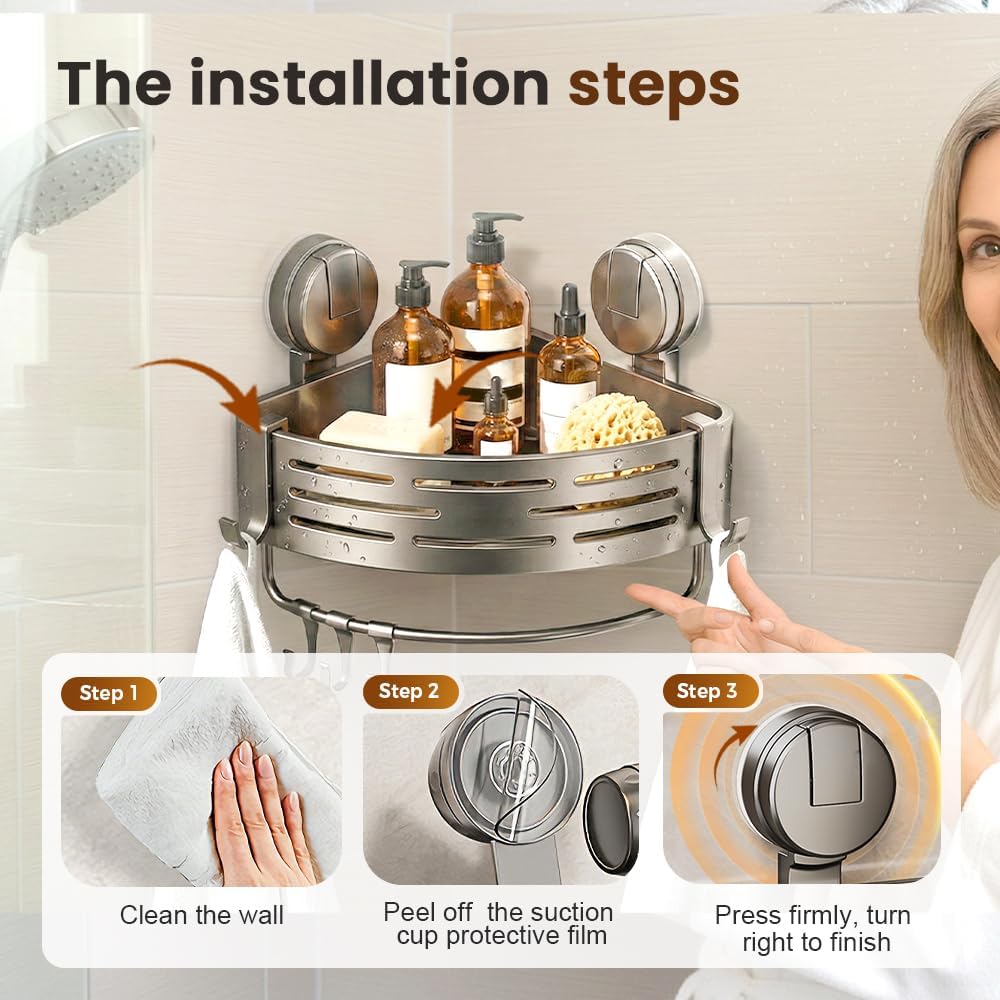 Triangle Suction Cup Corner Shelves with Towel Bar and Hooks, Upgraded No Drilling Suction Cup Shower Organizer (Gray, 3 pcs)