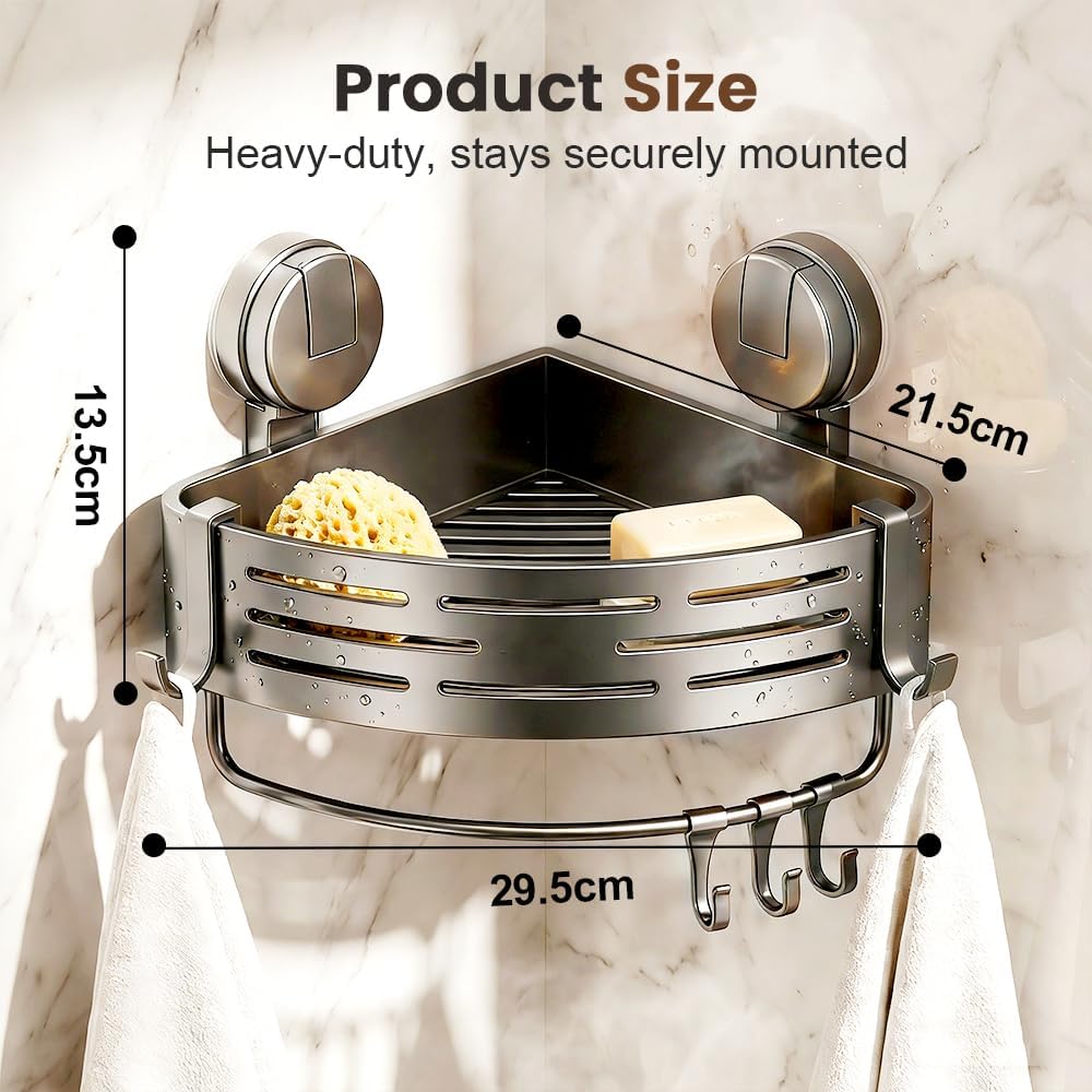 Triangle Suction Cup Corner Shelves with Towel Bar and Hooks, Upgraded No Drilling Suction Cup Shower Organizer (Gray, 3 pcs)