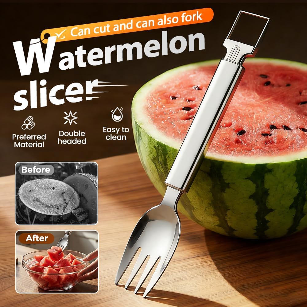 2-in-1 Stainless Steel Fruit Cutter, Upgraded Watermelon Slicer Tool, Portable Fruit Forks for Home, Kitchen and Camping (2 Pcs)