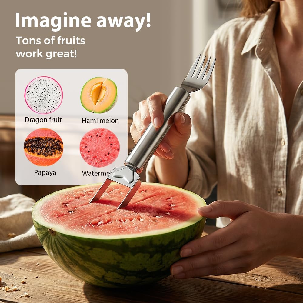 2-in-1 Stainless Steel Fruit Cutter, Upgraded Watermelon Slicer Tool, Portable Fruit Forks for Home, Kitchen and Camping (2 Pcs)