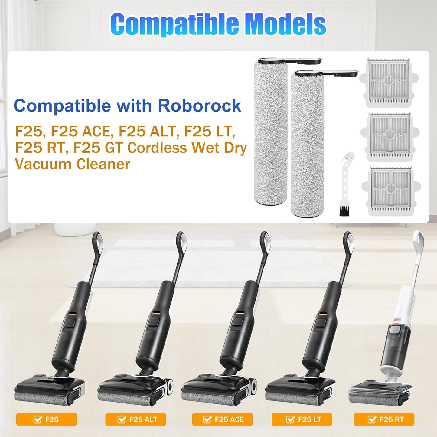 F25 Series Roller Brushes and HEPA Filters Compatible with Roborock F25, F25 ACE, F25 ALT, F25 LT, F25 RT, F25 GT Wet Dry Vacuum Cleaner-6 Pack