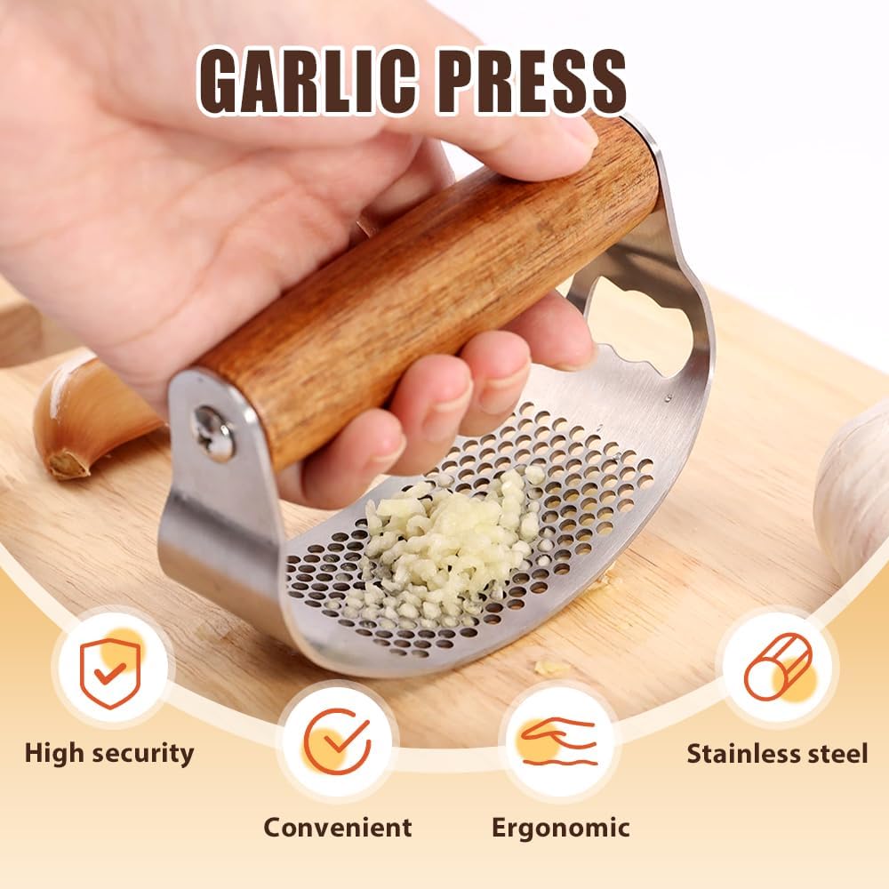 Stainless Steel Garlic Presser, Upgraded Garlic Press Rocker with Peeler and Cleaning Brush, Ergonomic Handle for Cooking Enthusiasts (1 pcs)