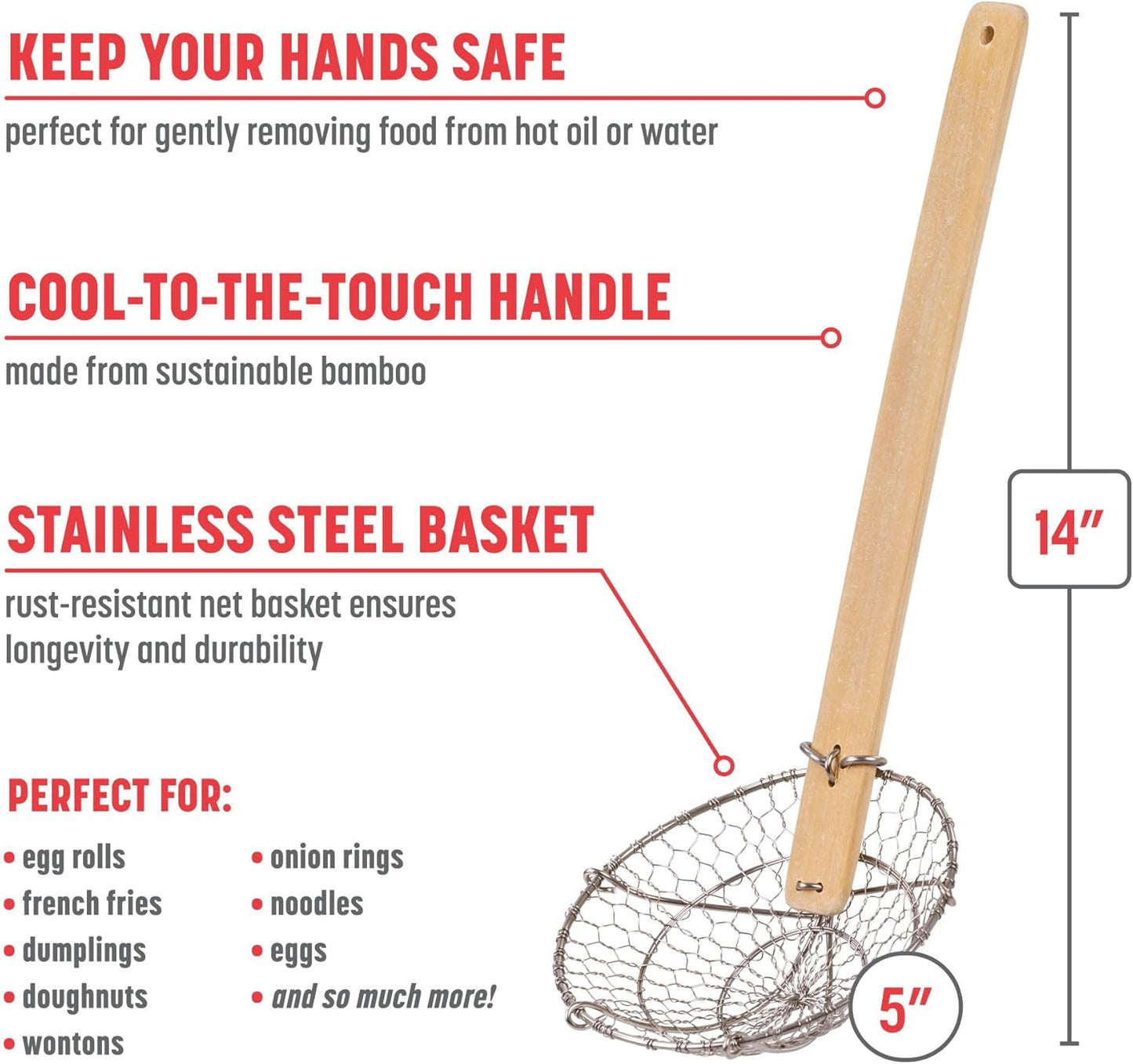 Kitchen Spider Strainer Stainless Steel 5-Inch Wire Basket with Heat-Resistant Bamboo Handle