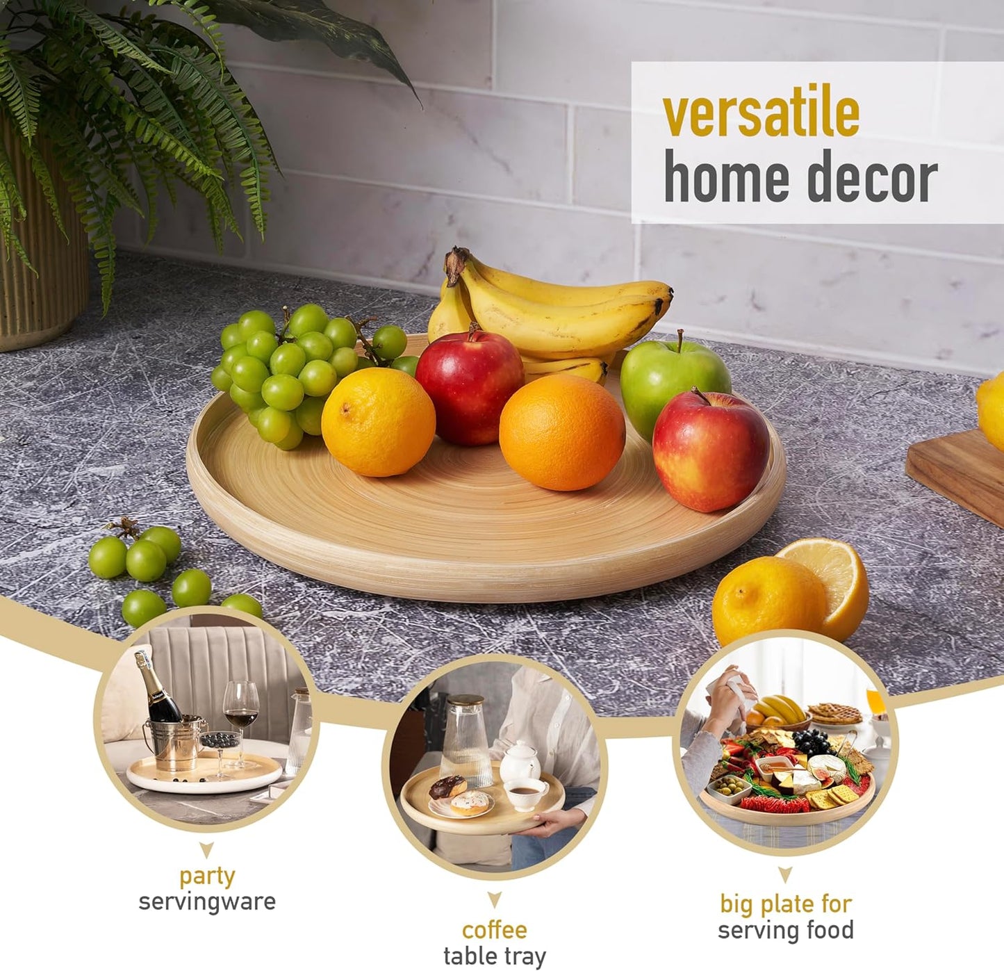 15.7" Bamboo Round Serving Tray – Large Handcrafted Wooden Tray for Food, Ottoman, Coffee Table, Kitchen, Charcuterie, or Home Décor, Natural