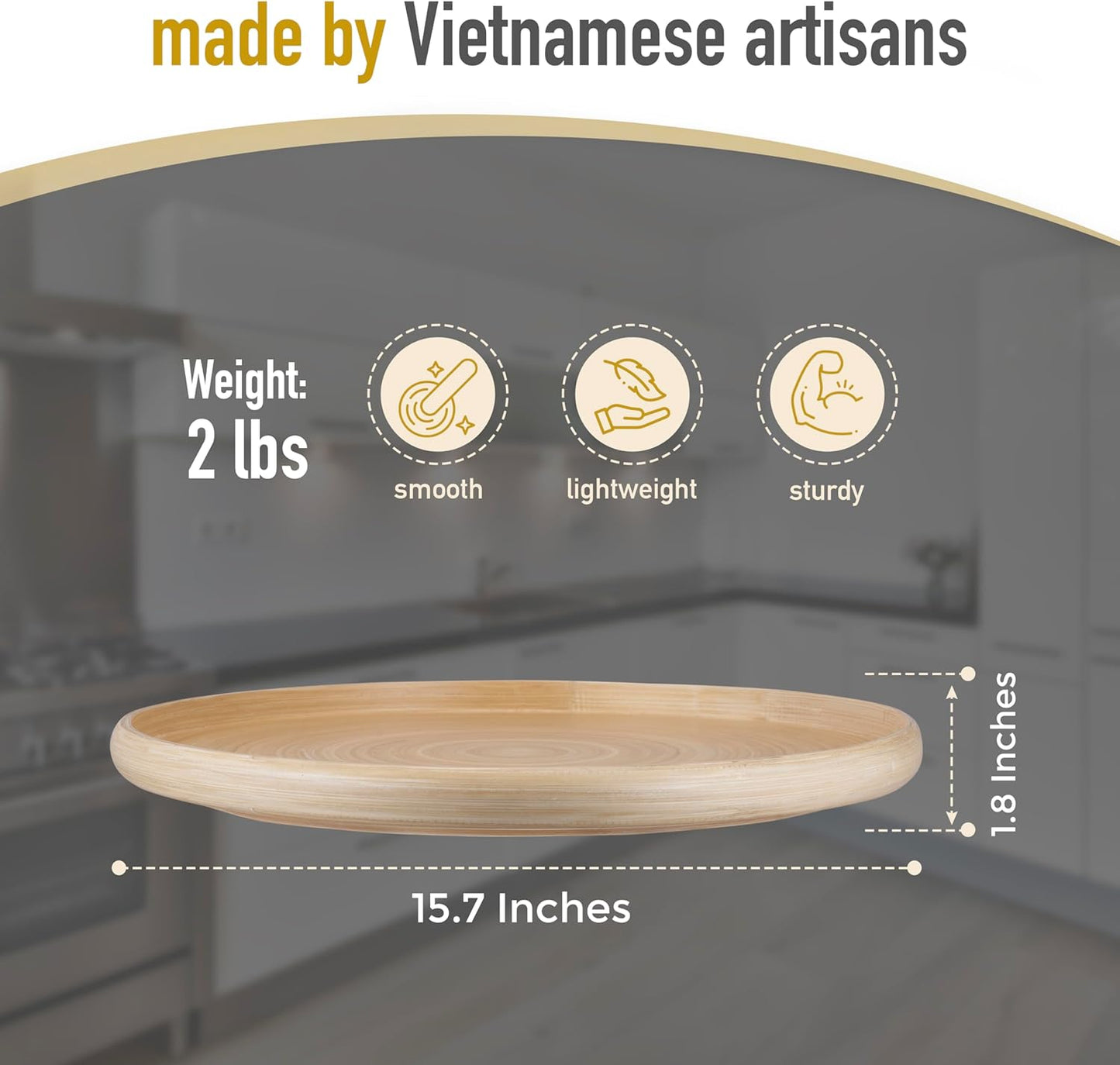 15.7" Bamboo Round Serving Tray – Large Handcrafted Wooden Tray for Food, Ottoman, Coffee Table, Kitchen, Charcuterie, or Home Décor, Natural