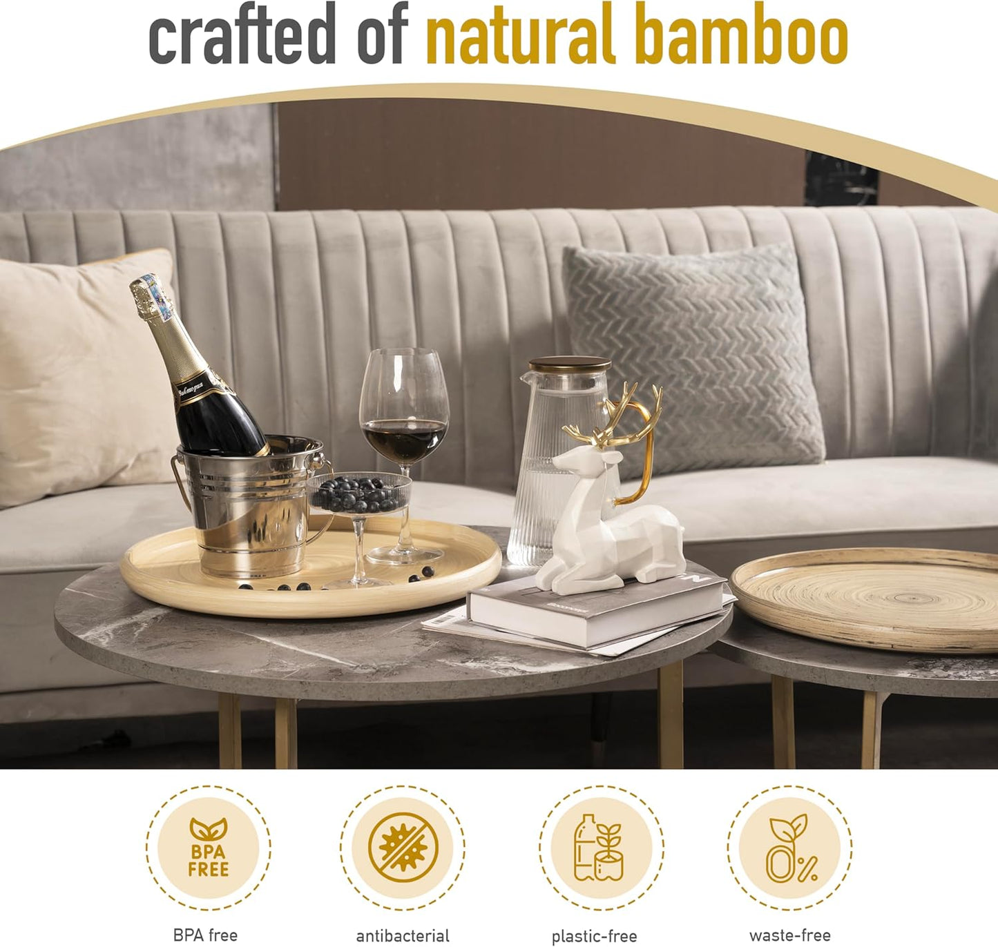 15.7" Bamboo Round Serving Tray – Large Handcrafted Wooden Tray for Food, Ottoman, Coffee Table, Kitchen, Charcuterie, or Home Décor, Natural
