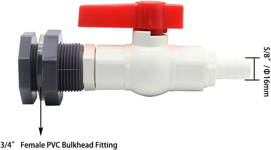Rain Barrel Spigot PVC Bulkhead Fitting with Ball Valve and 5/8"(16mm) Hose Barb Fitting for Rain Barrel Water Tanks Aquariums Tubs Pools Garden(For 16mm ID Hose), Set of 2