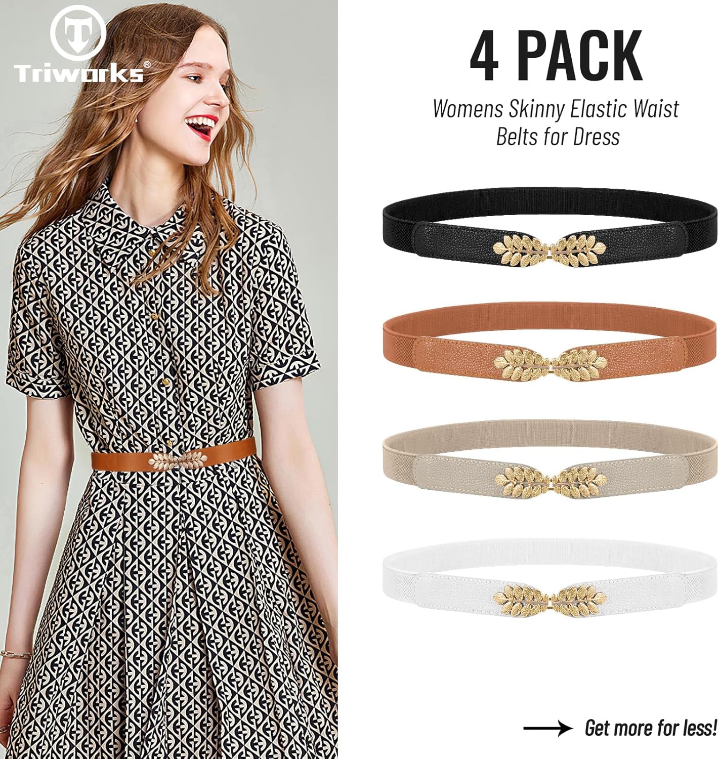 4 Pack Women Skinny Elastic Belt Ladies Fashion Leaf Alloy Buckle Stretchy Thin Waist Belt for Dresses