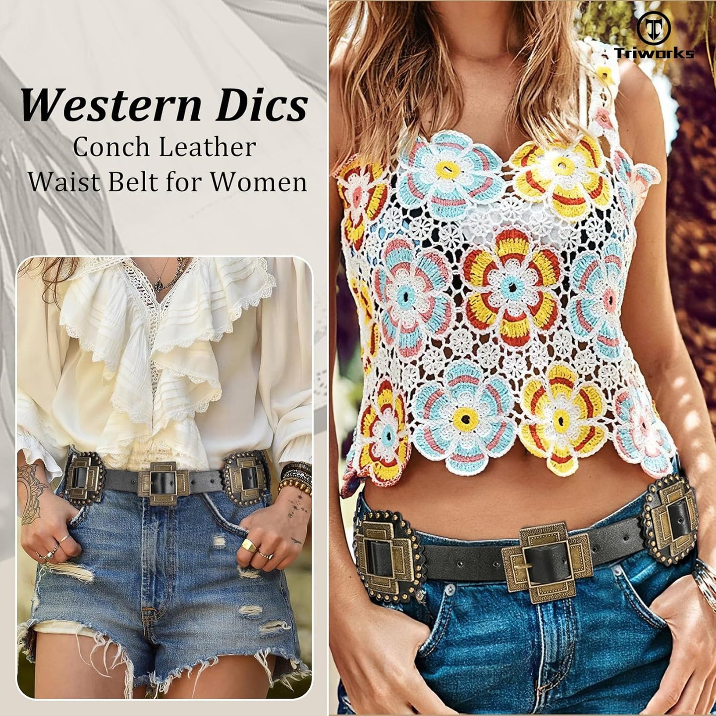 Women Western Concho Leather Belt Cowgirl Boho Belt Chunky for Dresses Concert Festival