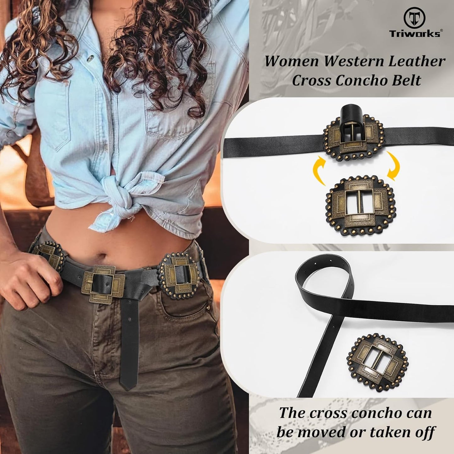 Women Western Concho Leather Belt Cowgirl Boho Belt Chunky for Dresses Concert Festival