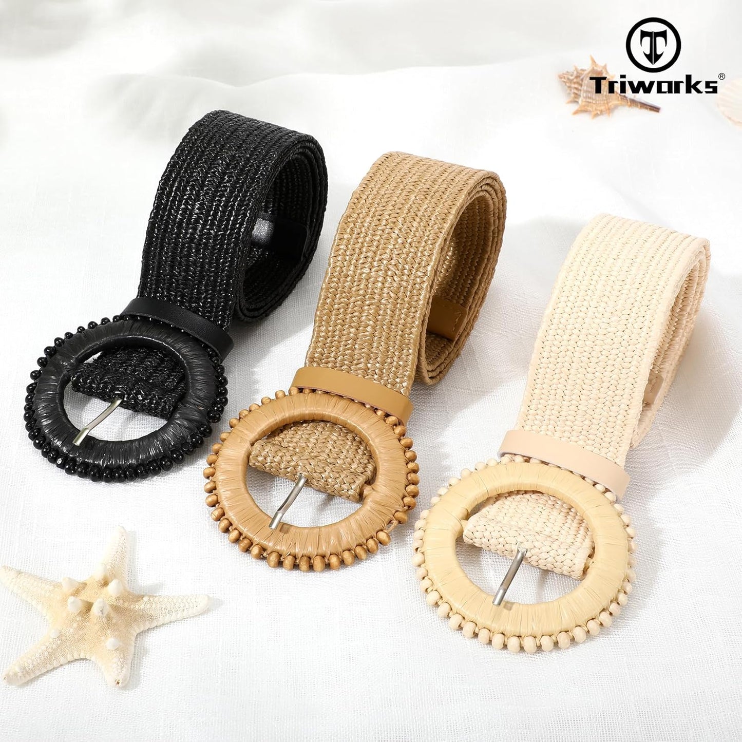 3 Pack Straw Woven Stretch Belt for Women,Raffia Elastic Belt for Dress Wide Boho Waist Belt with Round Buckle