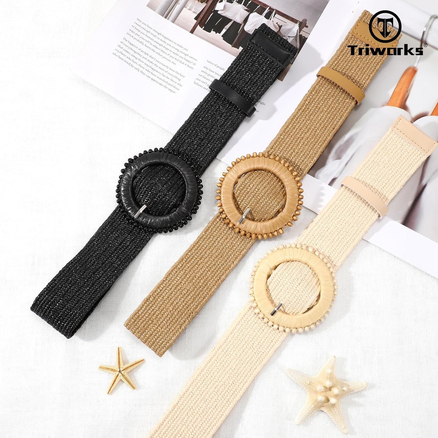 3 Pack Straw Woven Stretch Belt for Women,Raffia Elastic Belt for Dress Wide Boho Waist Belt with Round Buckle