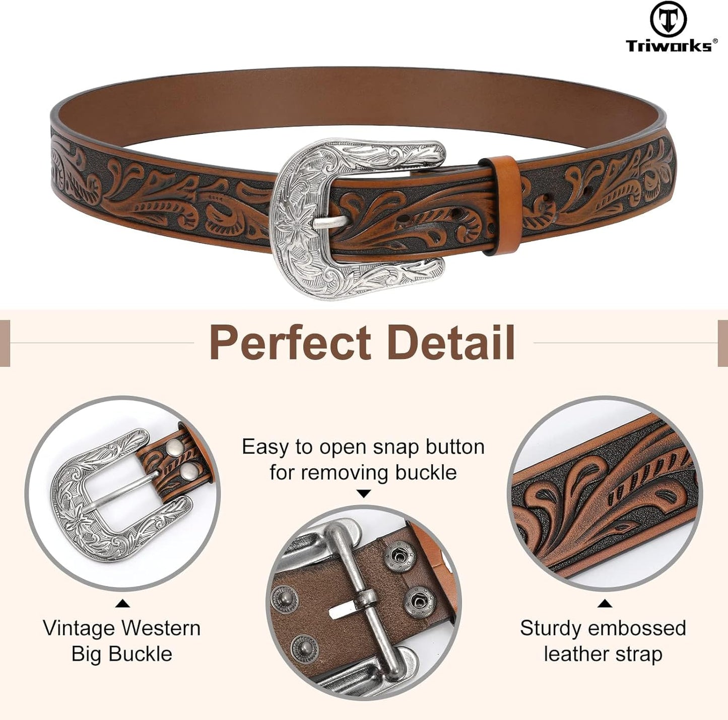 Western Belt for Women Men Cowgirl Cowboy Floral Engraved Tooled Leather Belt with Buckle for Jeans Pants Rodeo