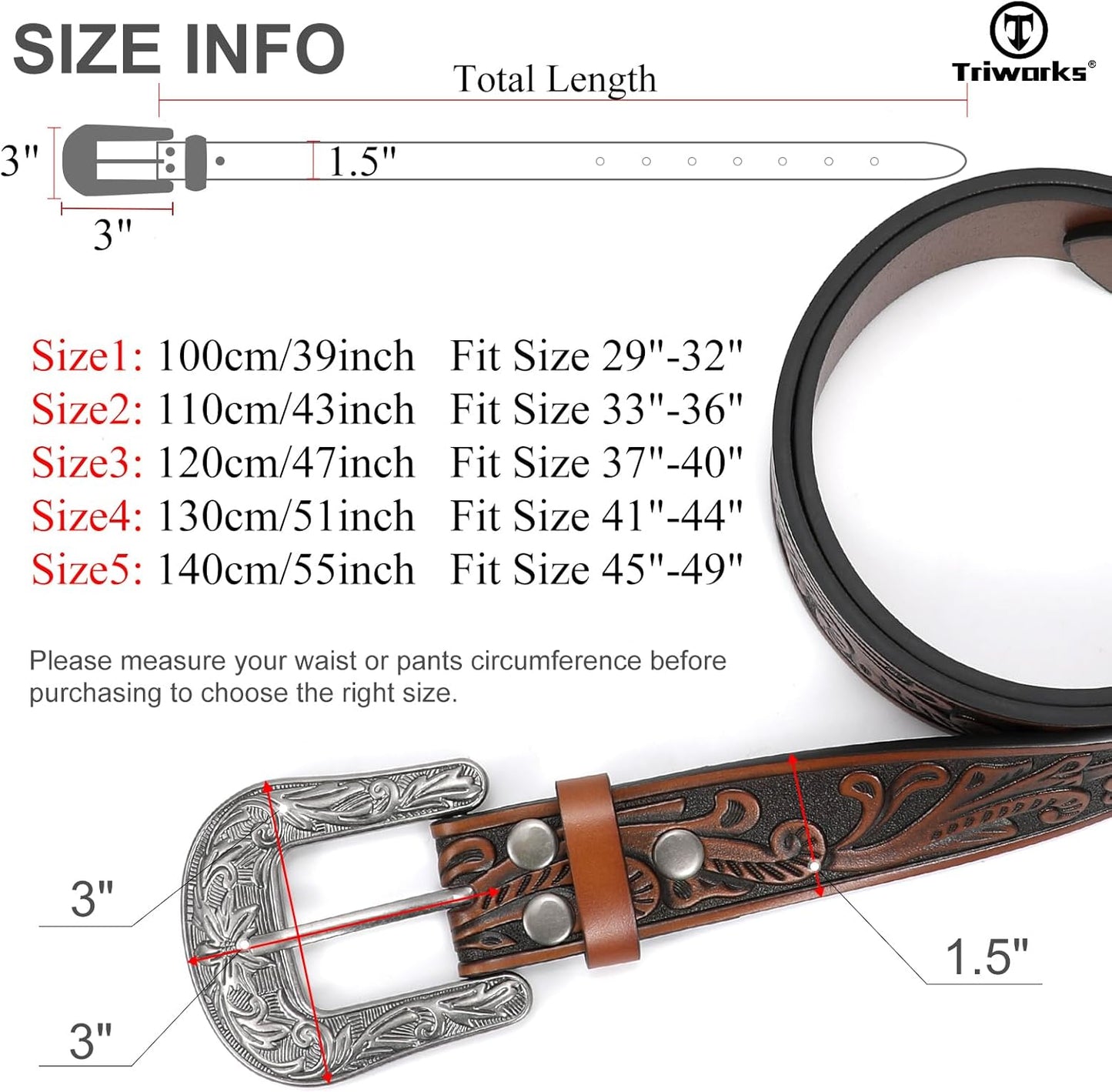 Western Belt for Women Men Cowgirl Cowboy Floral Engraved Tooled Leather Belt with Buckle for Jeans Pants Rodeo