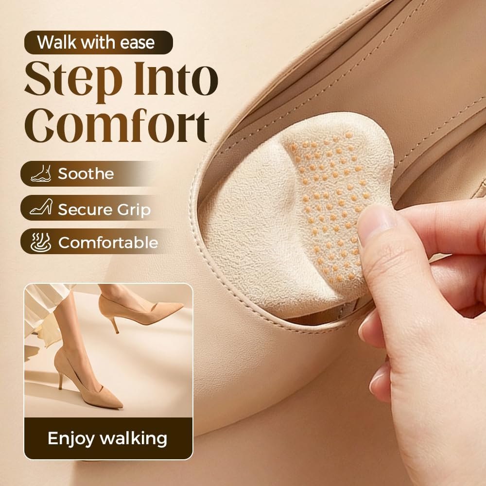 Metatarsal Pads for Women, 2026 Upgraded Ball of Foot Chions, Shoe Inserts with Non-Slip Design, One Size Fits All Breathable Comfort Insoles for High Heels, Sneakers, Sandals (Khaki, 3 Pairs)