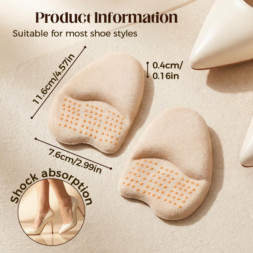 Metatarsal Pads for Women, 2026 Upgraded Ball of Foot Chions, Shoe Inserts with Non-Slip Design, One Size Fits All Breathable Comfort Insoles for High Heels, Sneakers, Sandals (Khaki, 3 Pairs)