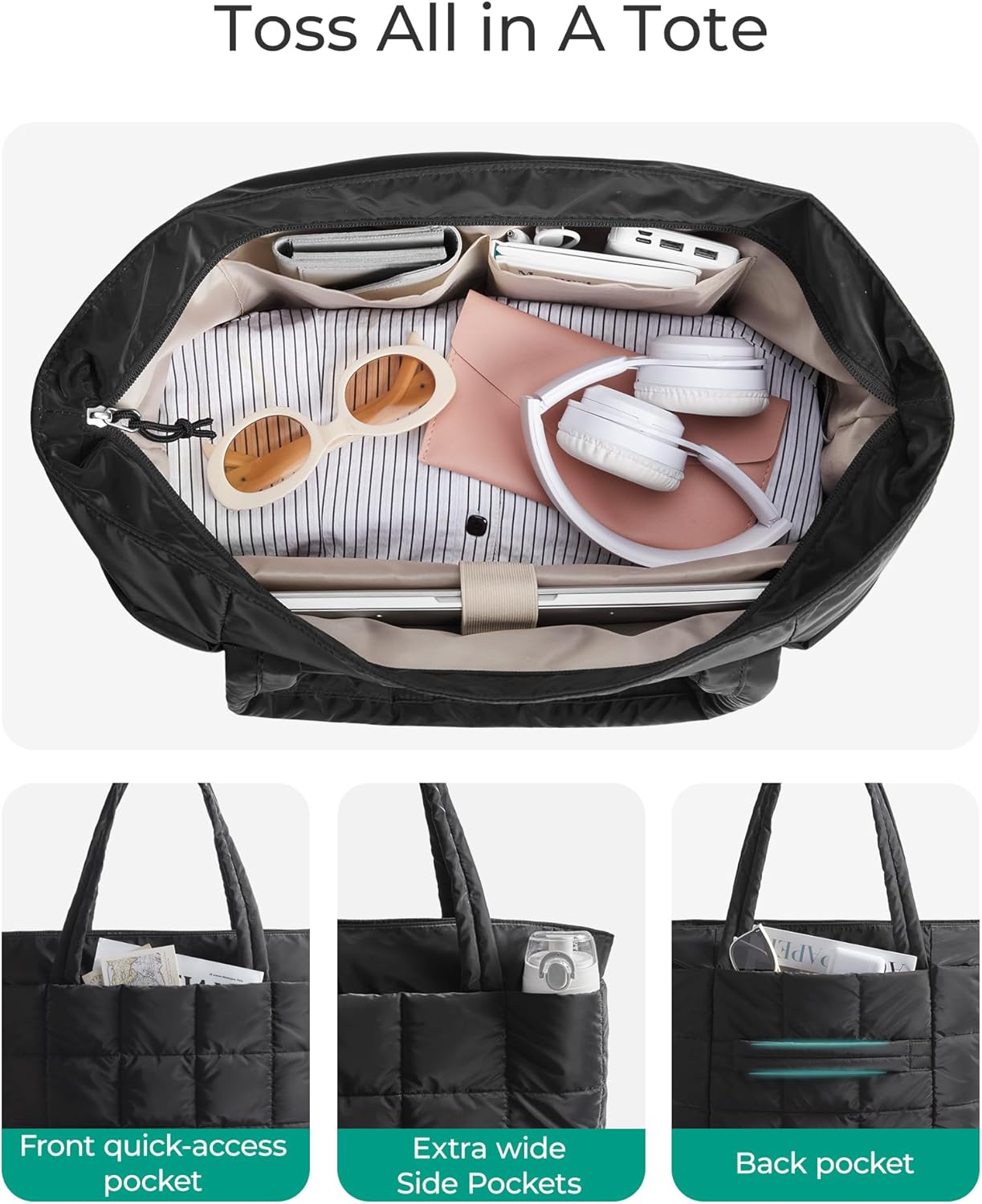 Expandable Tote Bag for Women, Puffer Work Tote Handbag, Quilted Carry On Bag for Travel Gym