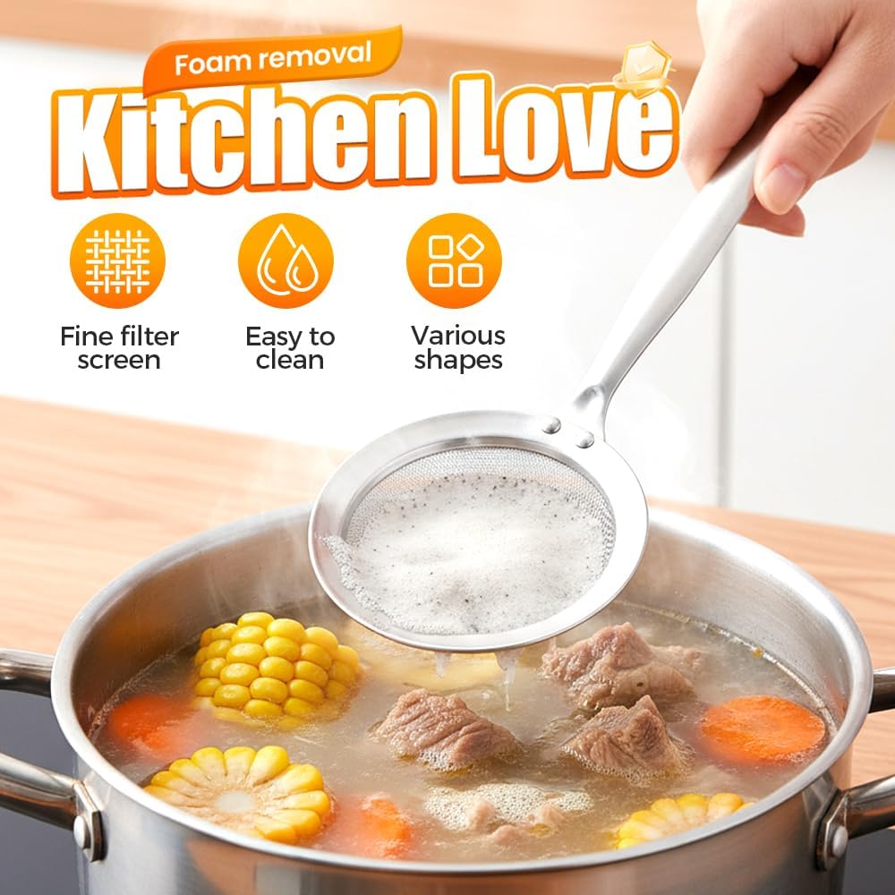 Fine-Mesh Kitchen Strainer - 2026 Upgraded Stainless Steel Sieve with Handle, Multi-Purpose Strainer for Cooking, Baking & Liquid Filtering, Oil Skimming Spoon, Kitchen Tool (Small)