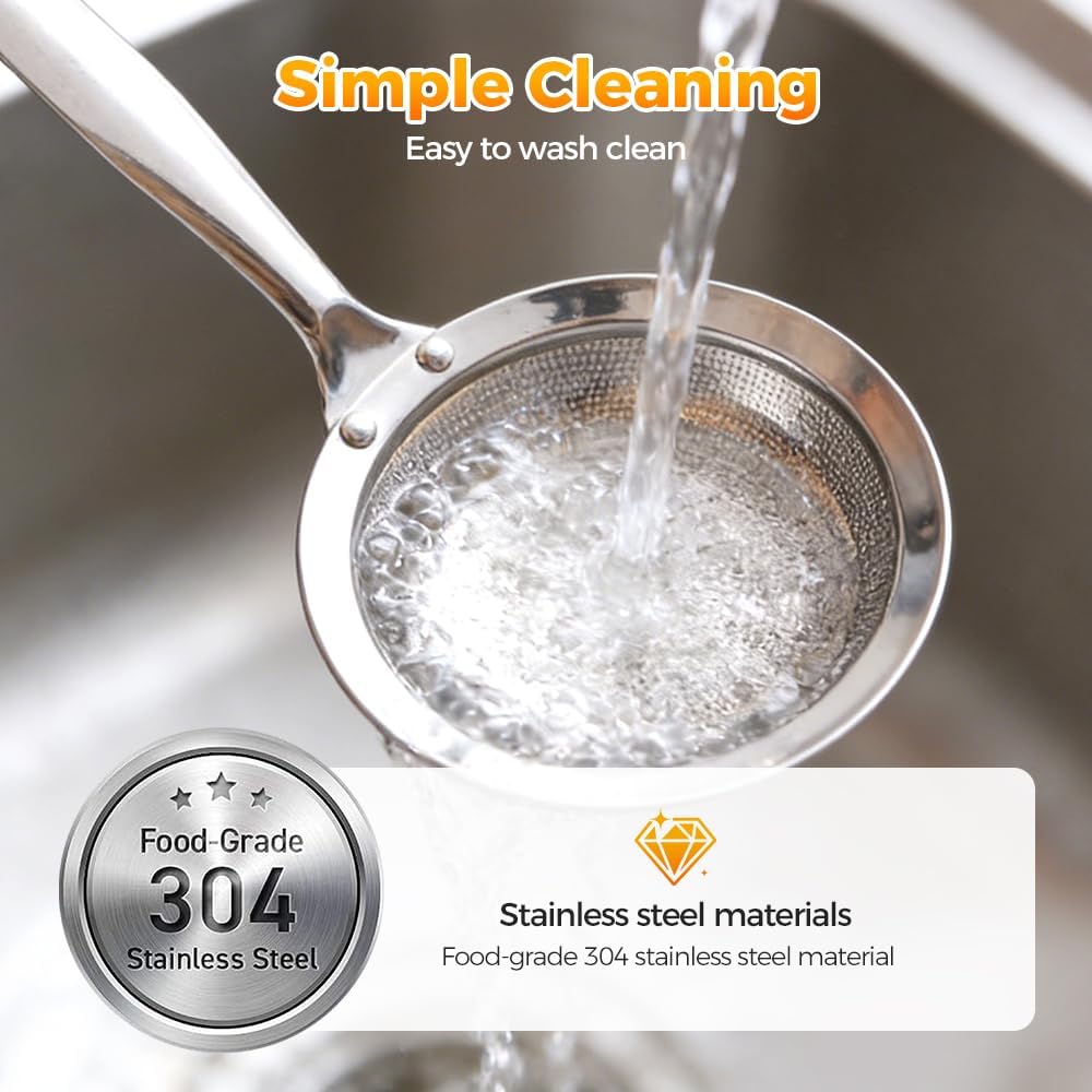 Fine-Mesh Kitchen Strainer - 2026 Upgraded Stainless Steel Sieve with Handle, Multi-Purpose Strainer for Cooking, Baking & Liquid Filtering, Oil Skimming Spoon, Kitchen Tool (Small)