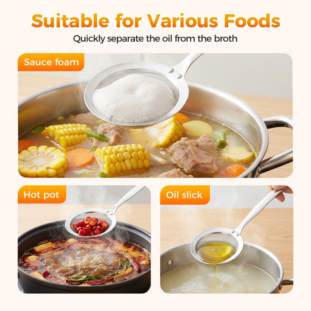 Fine-Mesh Kitchen Strainer - 2026 Upgraded Stainless Steel Sieve with Handle, Multi-Purpose Strainer for Cooking, Baking & Liquid Filtering, Oil Skimming Spoon, Kitchen Tool (Small)