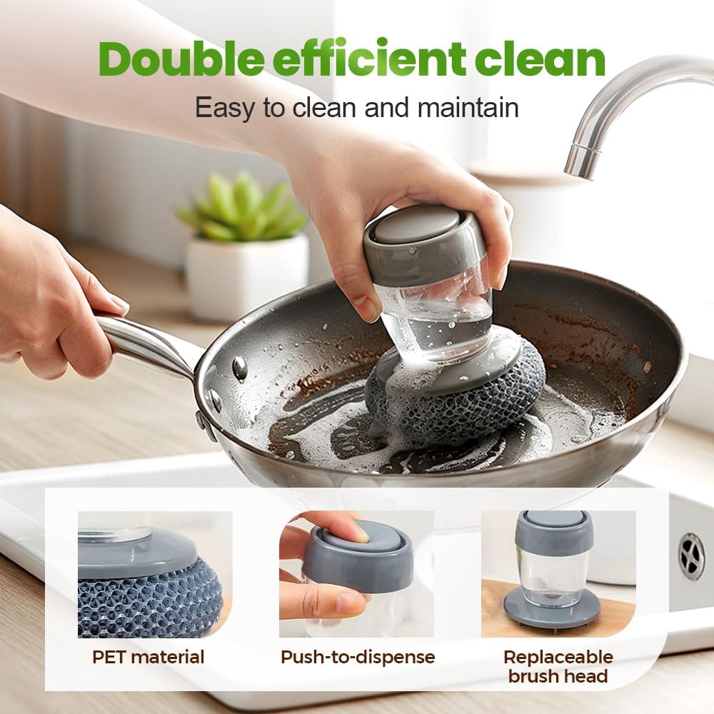 Dish Brh with Soap Dispenser, Soap Dispensing Dish Brh - with PET/Steel Wire Bristles, Kitchen Scrub Brh for Dishes Pots Pans Sinks (PET Head)