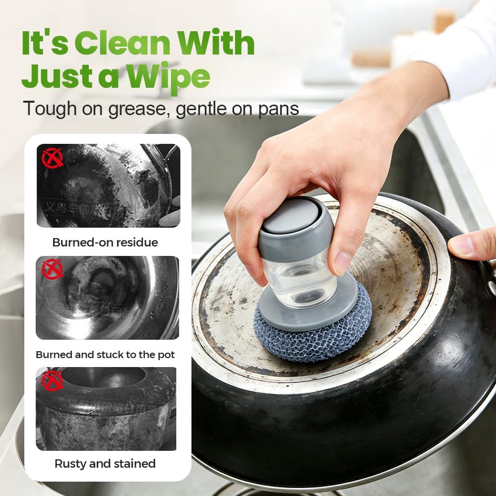 Dish Brh with Soap Dispenser, Soap Dispensing Dish Brh - with PET/Steel Wire Bristles, Kitchen Scrub Brh for Dishes Pots Pans Sinks (PET Head)