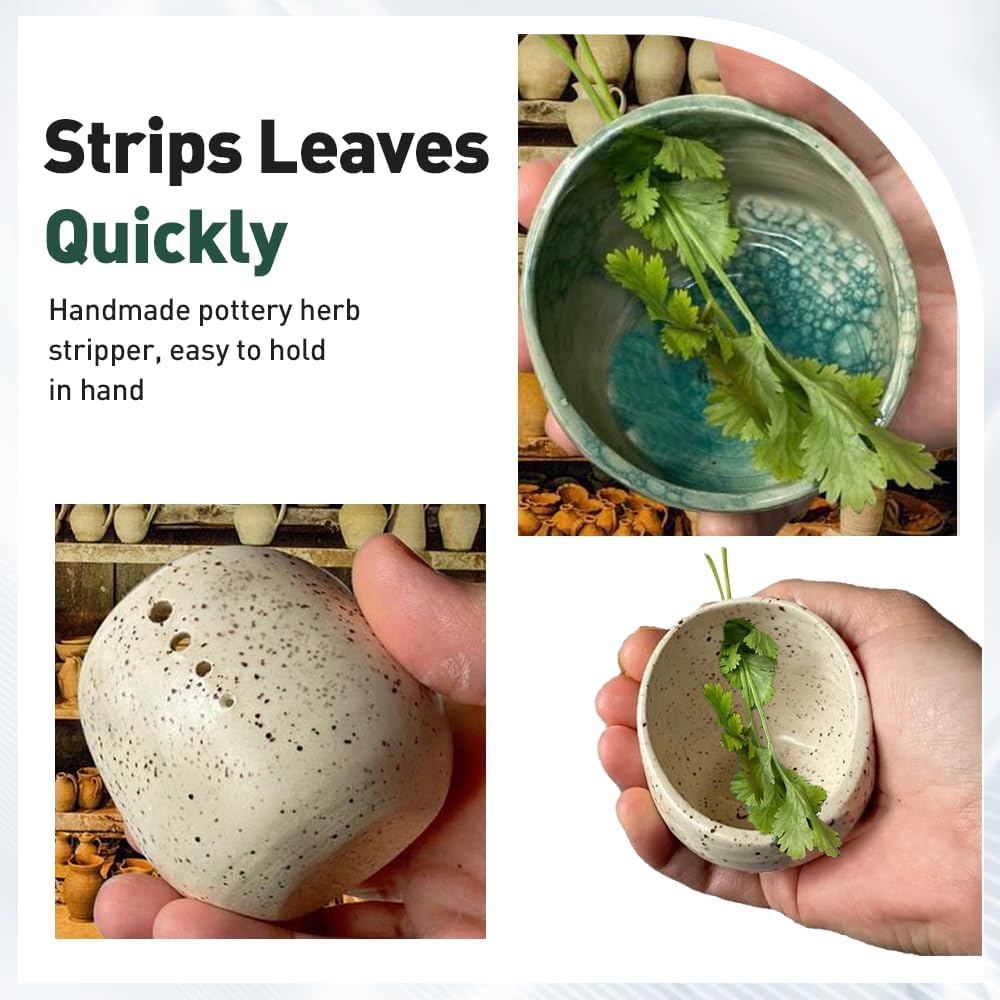 Pottery Herb Stripper Bowl, 2025 New Handmade Ceramic Herb Stripper Different Round Hole Sizes, Suitable for Peeling Off The Leafy of Cilantro, Rosemary etc (Style A)