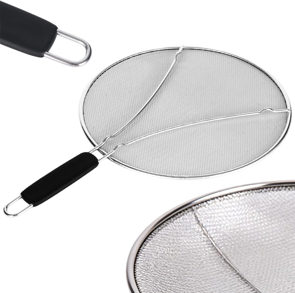 Stainless Steel Grease Splatter Guard, Large Fine Mesh Splatter Screen with Comfort Handle for Frying Pans & Cooking Pots, Fine Mesh Cover, Shield from Grease & Oil (Large)