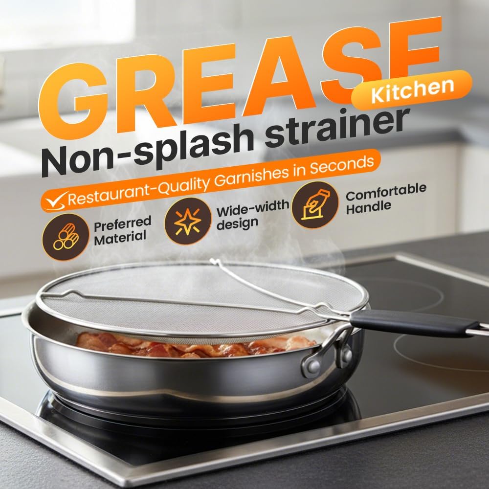 Stainless Steel Grease Splatter Guard, Large Fine Mesh Splatter Screen with Comfort Handle for Frying Pans & Cooking Pots, Fine Mesh Cover, Shield from Grease & Oil (Large)