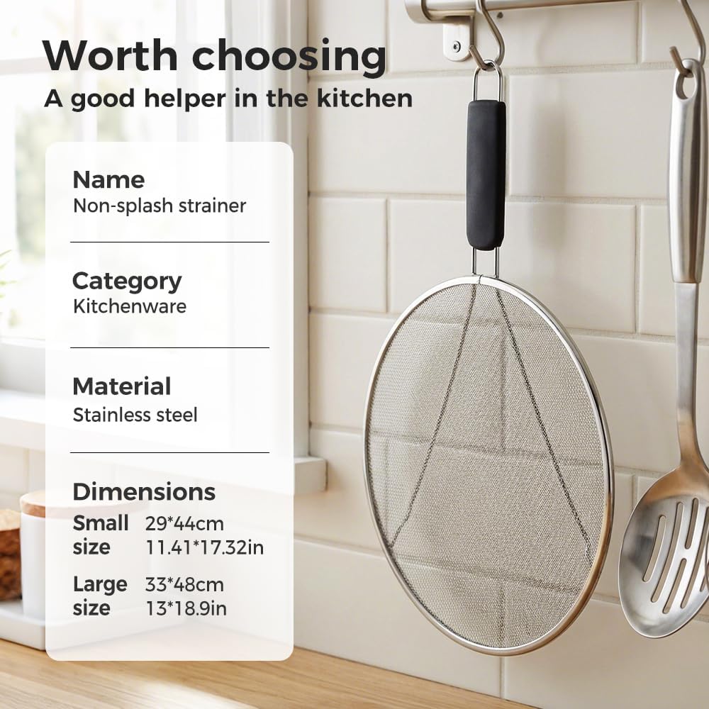 Stainless Steel Grease Splatter Guard, Large Fine Mesh Splatter Screen with Comfort Handle for Frying Pans & Cooking Pots, Fine Mesh Cover, Shield from Grease & Oil (Large)