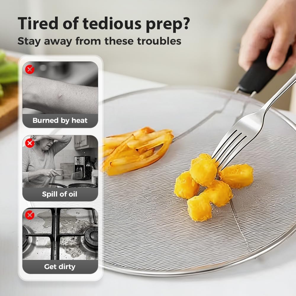 Stainless Steel Grease Splatter Guard, Large Fine Mesh Splatter Screen with Comfort Handle for Frying Pans & Cooking Pots, Fine Mesh Cover, Shield from Grease & Oil (Large)