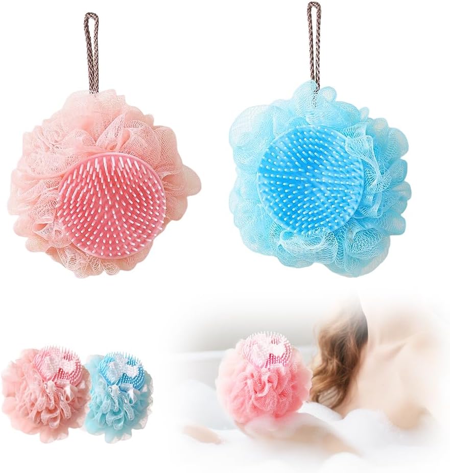 Super Soft Sunflower Bath Ball, 2025 New 2-in-1 Sunflower Bath Ball with Sponge Cleaning Brh, Mesh Bath Sponge for Women Men Shower (Pink+Blue)