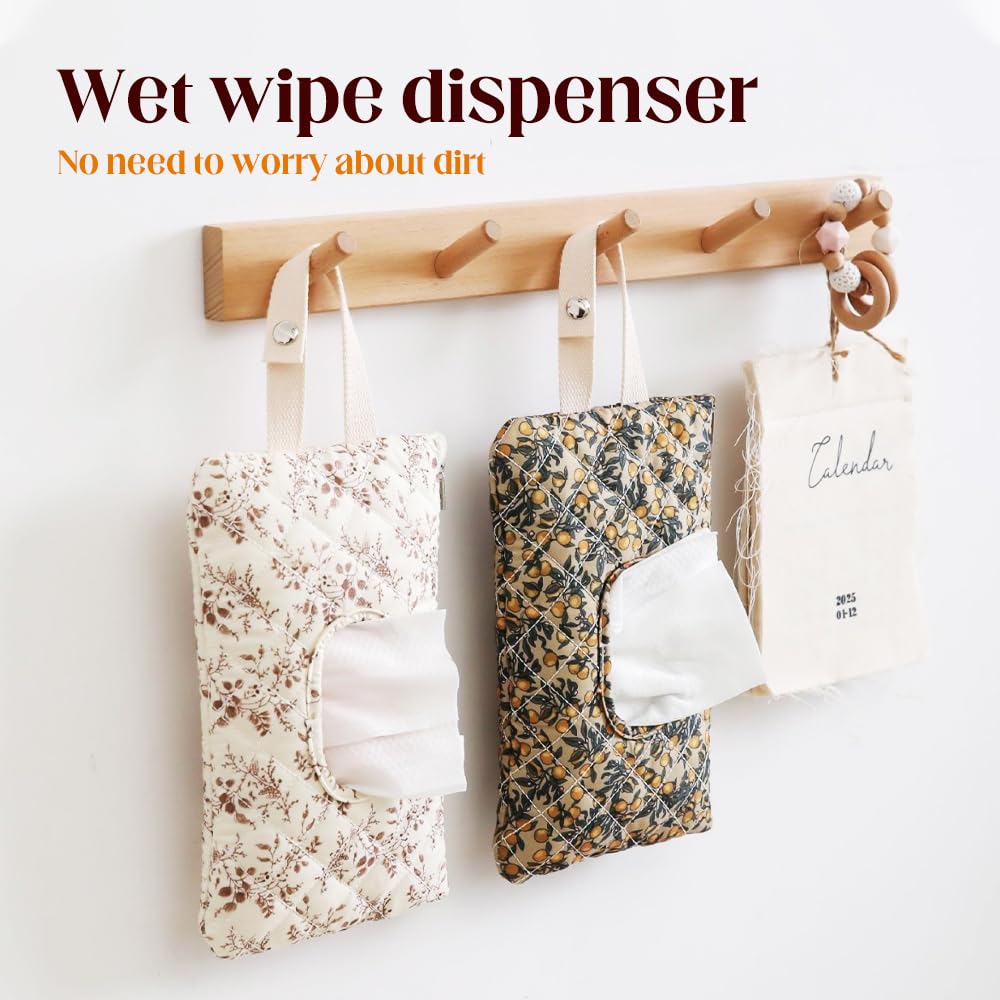 2 PCS Floral Quilted Baby Wipe Holder Pouch with Strap, Reable Portable Wipes Case for Stroller & Diaper Bag, Leak-Proof Travel Wipes Dispenser with Floral Pattern (Mix)