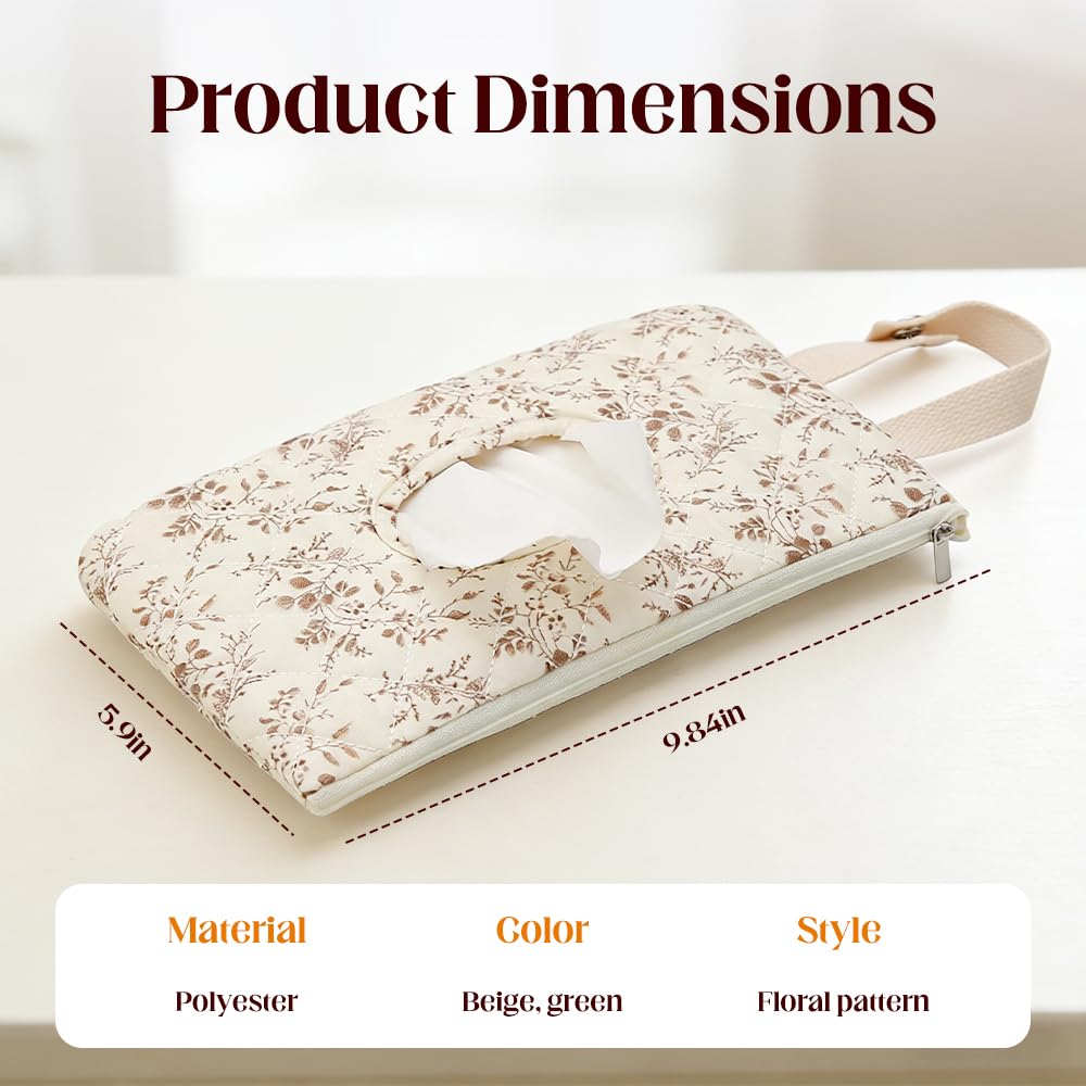 2 PCS Floral Quilted Baby Wipe Holder Pouch with Strap, Reable Portable Wipes Case for Stroller & Diaper Bag, Leak-Proof Travel Wipes Dispenser with Floral Pattern (Mix)