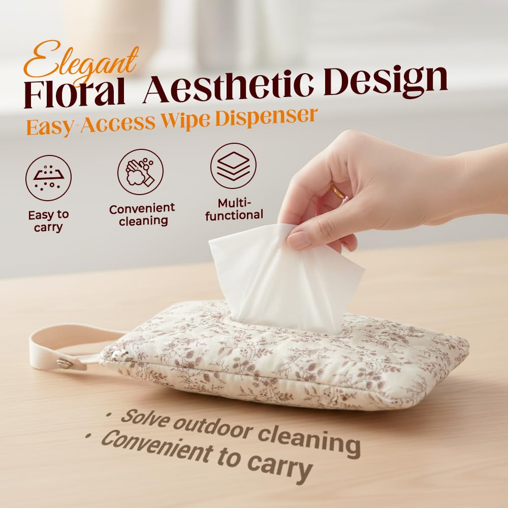 2 PCS Floral Quilted Baby Wipe Holder Pouch with Strap, Reable Portable Wipes Case for Stroller & Diaper Bag, Leak-Proof Travel Wipes Dispenser with Floral Pattern (Mix)