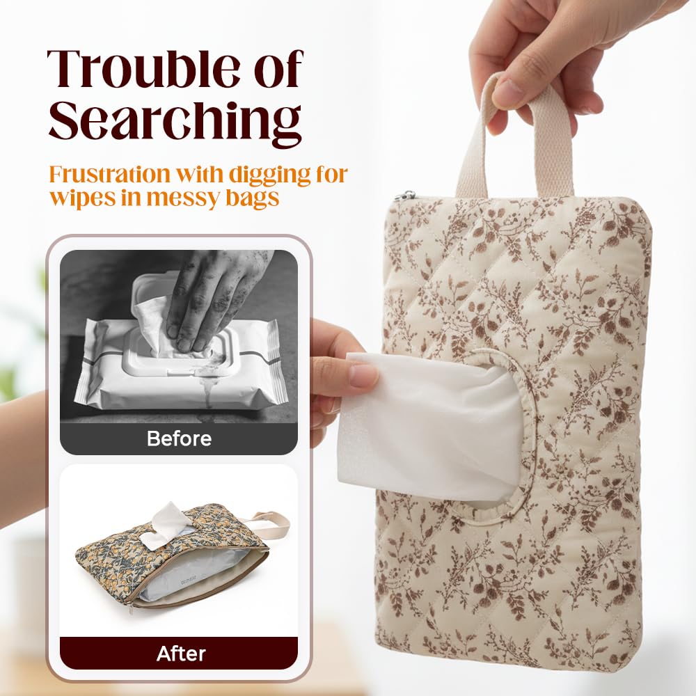 2 PCS Floral Quilted Baby Wipe Holder Pouch with Strap, Reable Portable Wipes Case for Stroller & Diaper Bag, Leak-Proof Travel Wipes Dispenser with Floral Pattern (Mix)