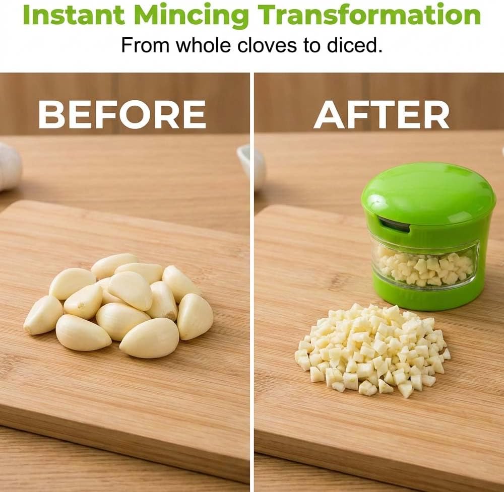 Mini Garlic Chopper and Press with Storage Container, Manual Garlic Mincer Crher Cutter, Premium Stainless Steel Blades, Handheld Compact Kitchen Gadget for Garlic, Ginger & Small Herbs (3PCS)