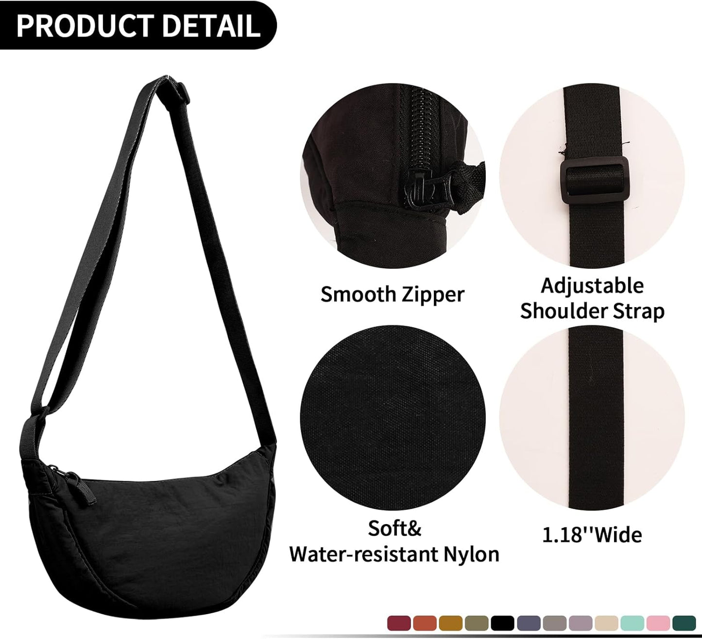 Nylon Crescent Crossbody Bag for Women Purses Trendy Men,Small Travel Sling Bag Hobo