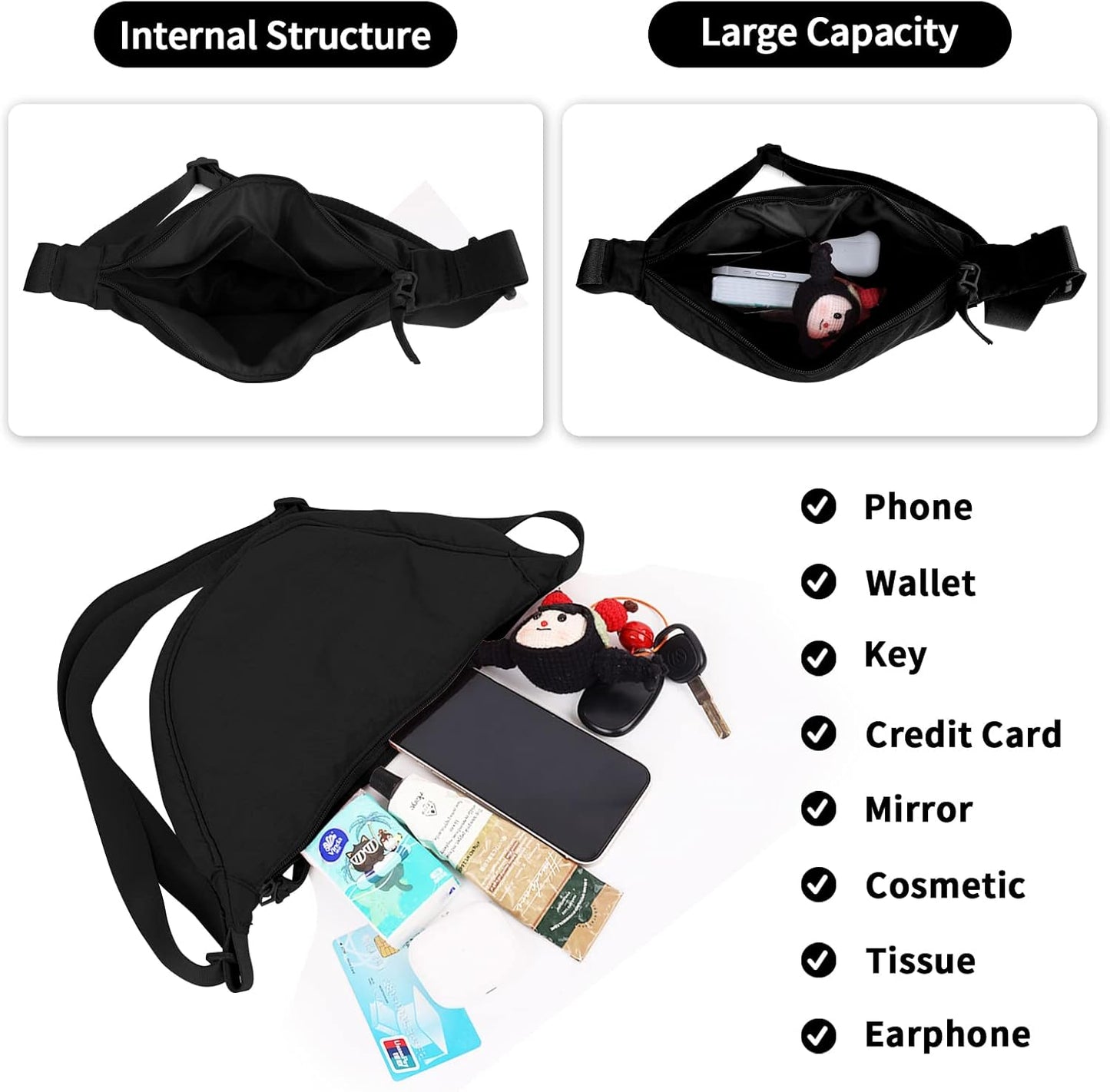 Nylon Crescent Crossbody Bag for Women Purses Trendy Men,Small Travel Sling Bag Hobo