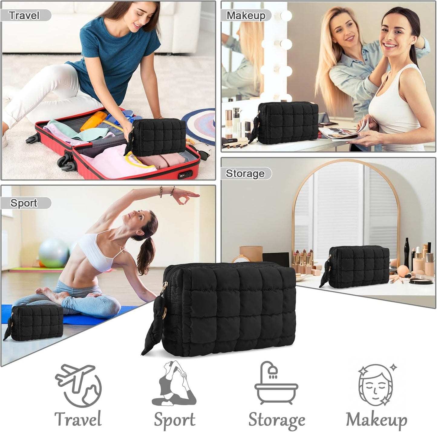 Puffer Quilted Makeup Bag Cosmetic Bags,Puffy Travel Toiletry Pouch for Women,Cute Checkered Zipper Bag Travel Essential,Portable Aesthetic Make up Organizer Bag for Gifts Work Daily(Black,M)
