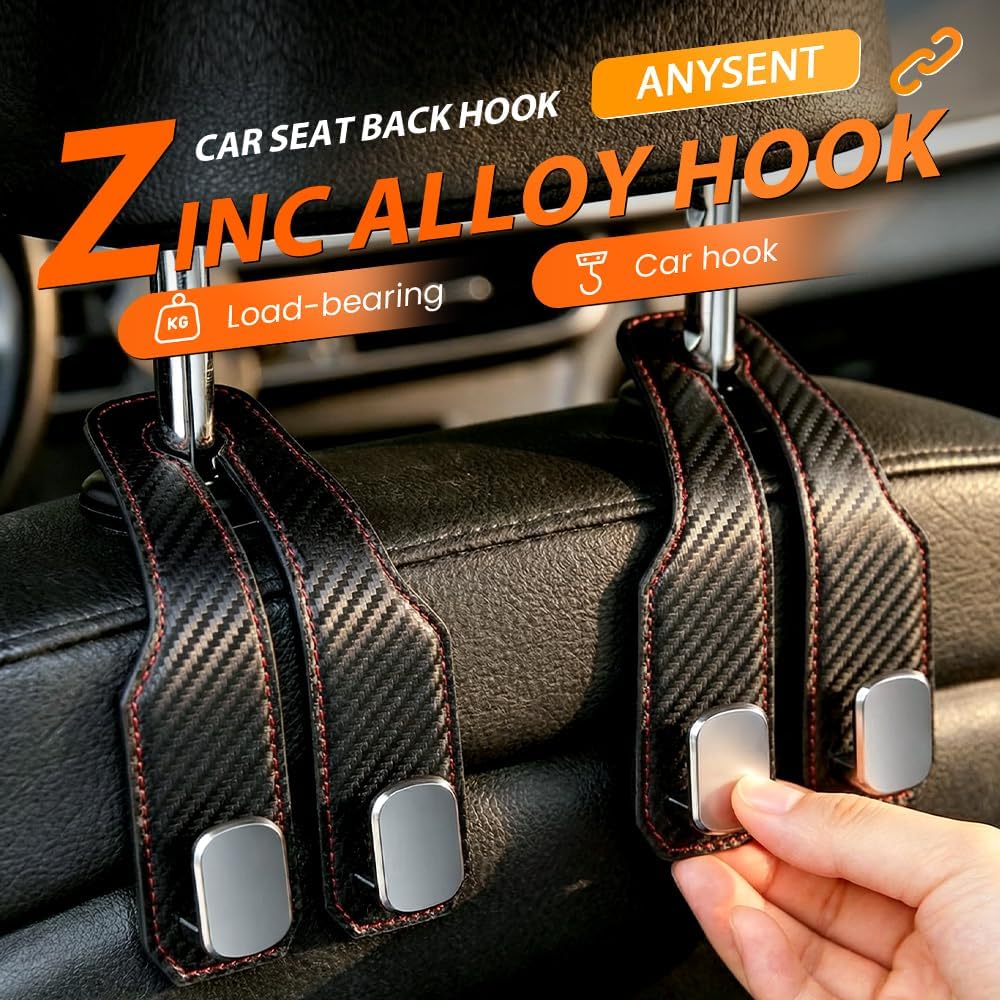 Car Seat Back Double Hook, Universal Premium Stitched Leather and Aluminum-Magnesium Alloy Double Car Seat Back Storage Hook for Purses, Handbags, Bags (Carbon Fiber, 2 pcs)