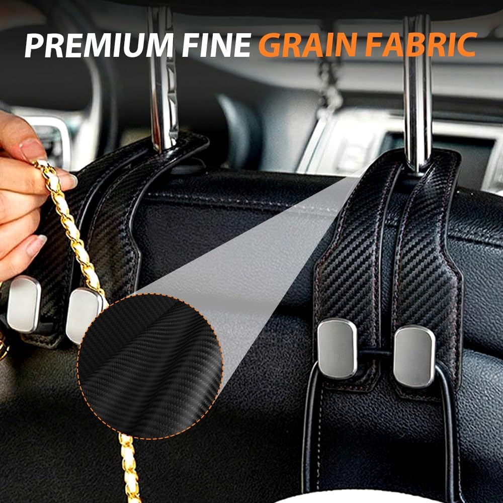 Car Seat Back Double Hook, Universal Premium Stitched Leather and Aluminum-Magnesium Alloy Double Car Seat Back Storage Hook for Purses, Handbags, Bags (Carbon Fiber, 2 pcs)