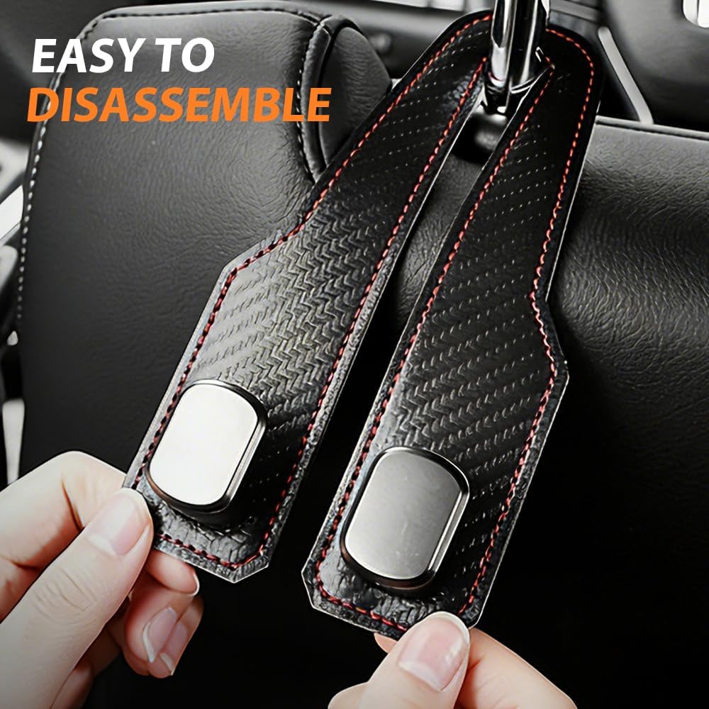 Car Seat Back Double Hook, Universal Premium Stitched Leather and Aluminum-Magnesium Alloy Double Car Seat Back Storage Hook for Purses, Handbags, Bags (Carbon Fiber, 2 pcs)