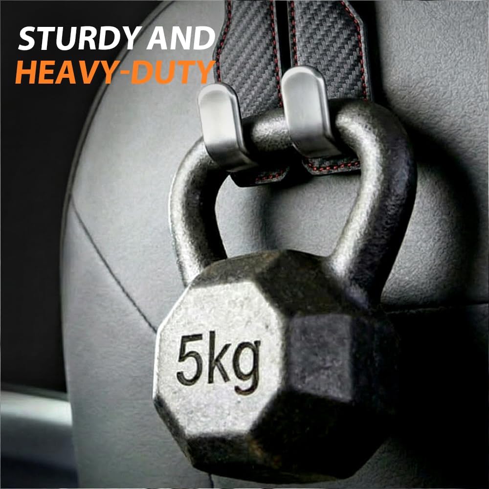 Car Seat Back Double Hook, Universal Premium Stitched Leather and Aluminum-Magnesium Alloy Double Car Seat Back Storage Hook for Purses, Handbags, Bags (Carbon Fiber, 2 pcs)