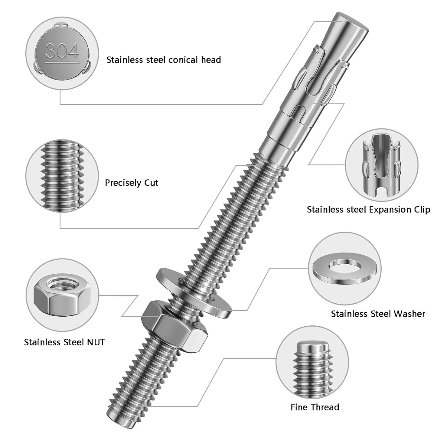 10Pcs 3/8x2-1/2 Inch Standard Fasteners for Heavy-Duty 304 Stainless Steel Wedge Anchors for Cement and Concrete