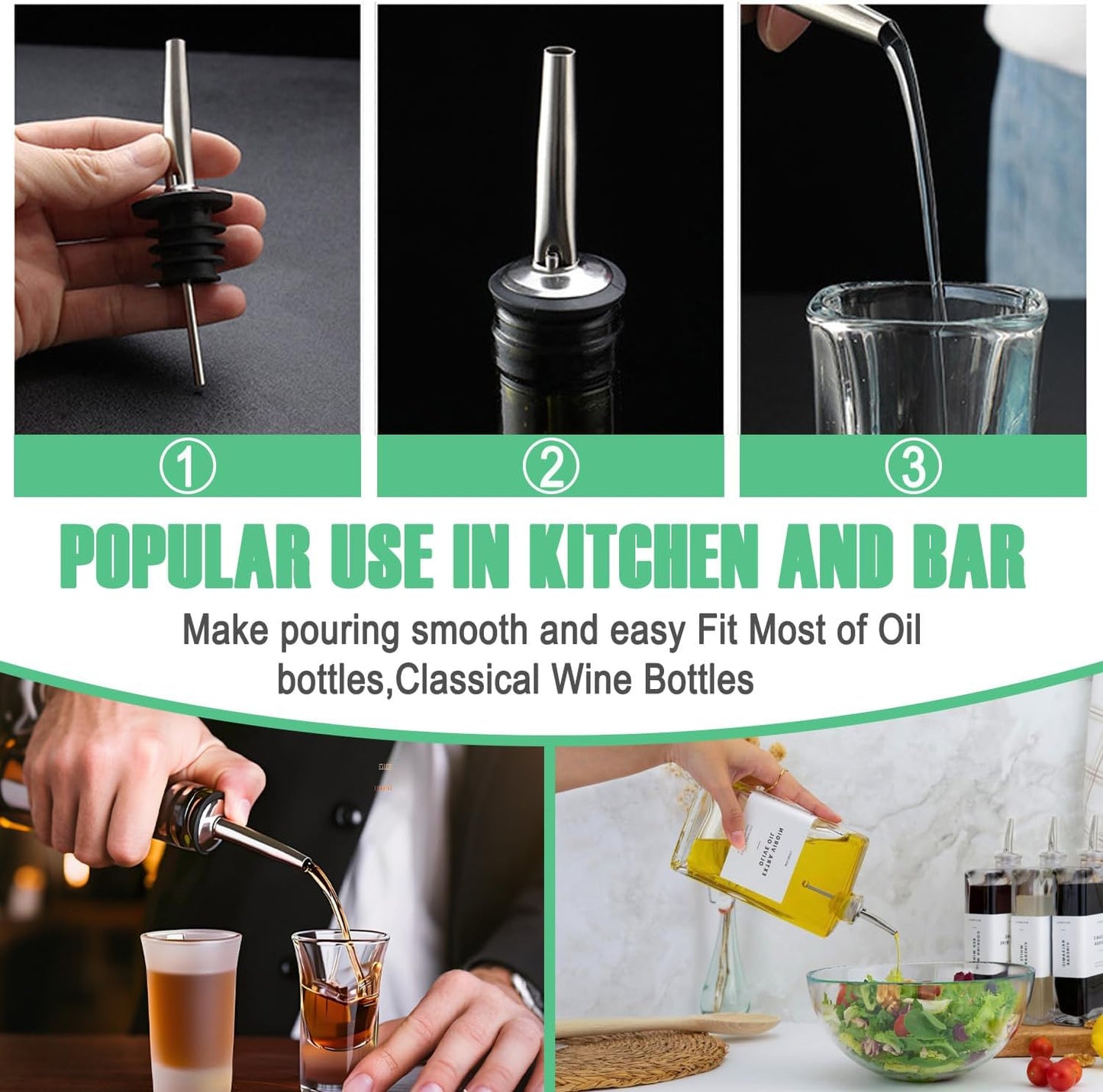 60 Pack Stainless Steel Liquor Pour Spouts with Rubber Caps, Bottle Pourers for Wine, Oil, Vinegar, and Alcohol – Bartender Bar Tools and Accessories